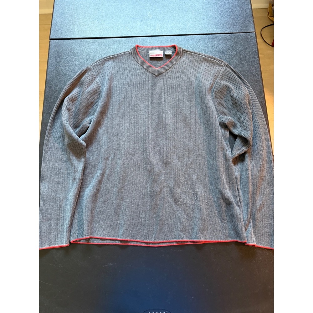 Y2K Quiksilver Mens Gray Ribbed V-Neck Sweater Red Trim Long Sleeve Large